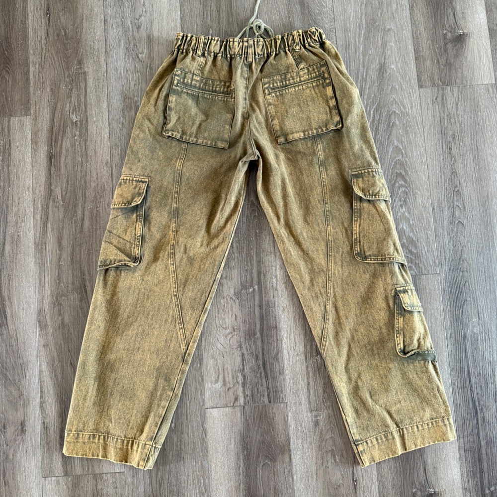 Oli & Hali Womens Acid Wash Cargo‎ Pants Mustard Yellow Herringbone M - Picture 2 of 7